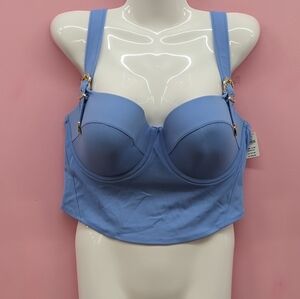 Victoria Secret Pink Swim Corset Buckle Bikini Top Large Seascape Blue
